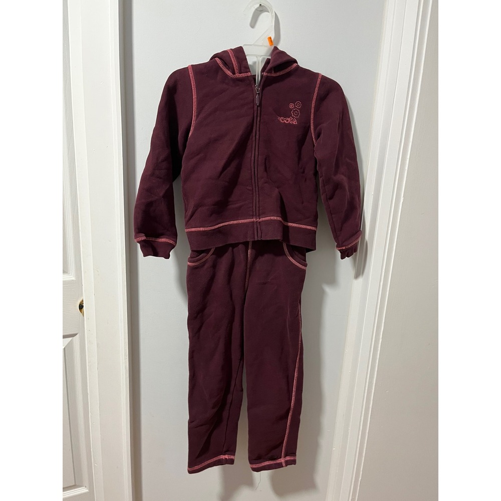Roots Girls Burgundy Fleece Tracksuit Set Hoodie and Joggers Size 5T